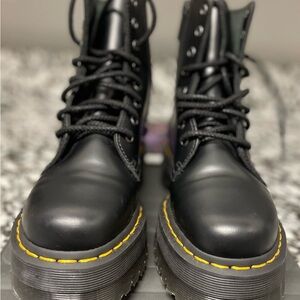 Dr. Martens Black Leather Combat Boots with Yellow Stitching
